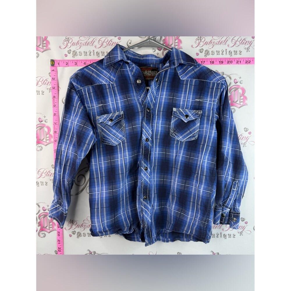 Rock and roll cowboy shirt plaid blue Button-Down Casual Shirt Blue Plaid - Picture 1 of 8